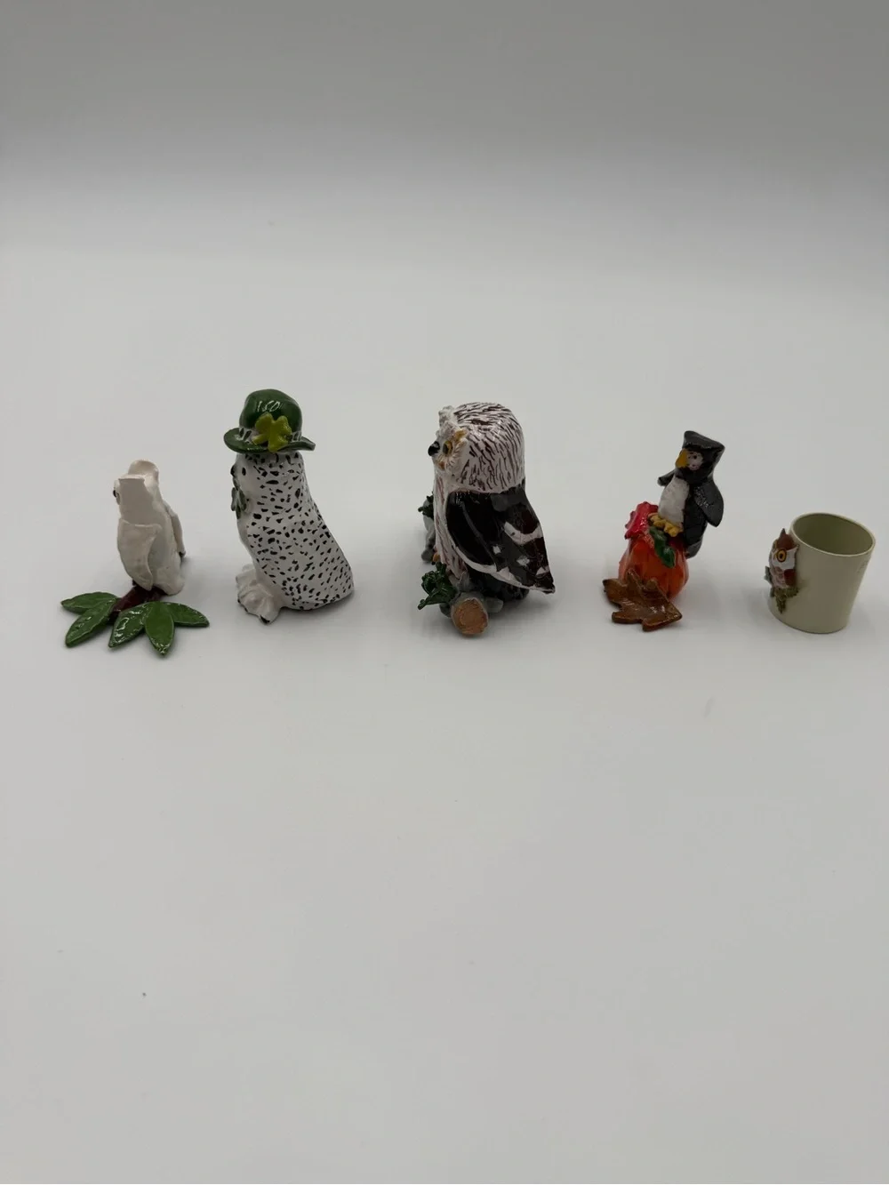 Vintage collection of five small, hand-painted ceramic/porcelain owl figurines